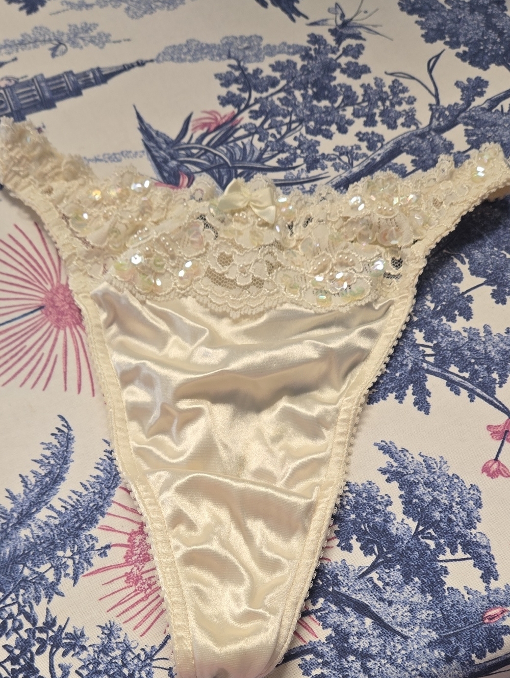 Victoria's Secret Ivory Satin & Lace Sequin Thong Vintage Small